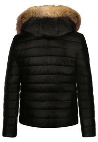 Giacca in pelle nera con design trapuntato, dotata di cappuccio foderato in pelliccia sintetica e superficie liscia. Forma semplice e moderna senza decorazioni.