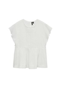 Witte blouse met korte mouwen, ronde halslijn, textuurstof, gelaagd peplum-stijl en horizontale stikdetails.
