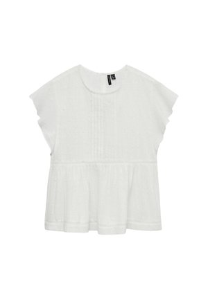 Vit kortärmad blus med rund halsringning, texturerat tyg, lager-på-lager peplumstil och horisontella sömdetaljer.