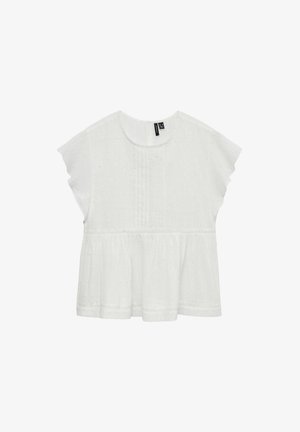 Vit kortärmad blus med rund halsringning, texturerat tyg, lager-på-lager peplumstil och horisontella sömdetaljer.