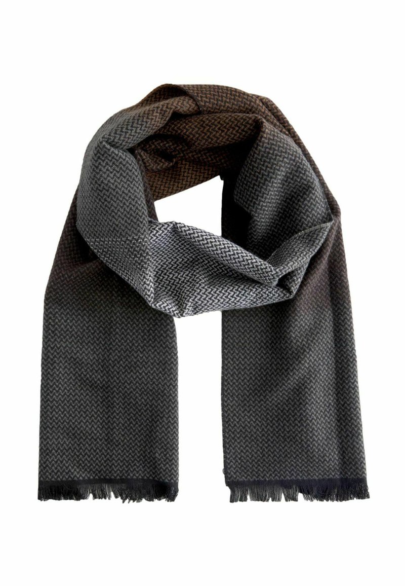 Knit scarf featuring a herringbone pattern in shades of gray and brown, with fringed edges for texture and detail.