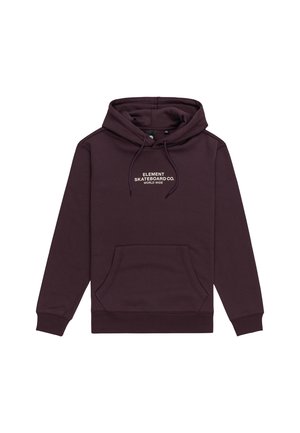 Fialová mikina s kapucí a přední kapsou, šňůrková kapuce a bílým logem "ELEMENT SKATEBOARD CO. WORLD WIDE" na hrudi. Měkký bavlněný materiál.
