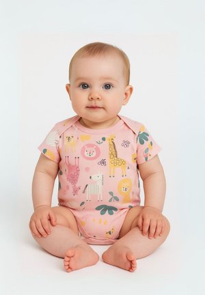 Bodysuit bébé rose à manches courtes, orné d'imprimés animaux colorés et de motifs botaniques. Matière douce en coton, avec un design à col rond.