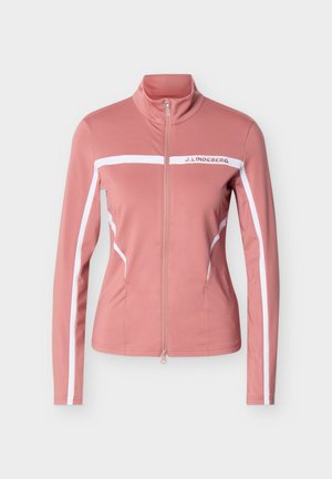 Ροζ αθλητικό μπουφάν με μακριά μανίκια, λευκές ρίγες στα μανίκια και στο στήθος, φερμουάρ πλήρους μήκους μπροστά και λογότυπο "J.LINDEBERG" στο στήθος.