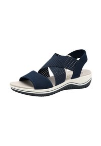 Navy blue sandals featuring cross-stitched mesh straps and a cushioned, beige footbed with a white rubber sole and textured accents.