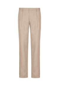 Beige linnedbukser med flad front, dobbelte læg og enkelt knaplukning. Design med lige ben og skræddersyet pasform. Ingen synlige lommer.