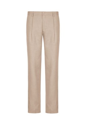 Beżowe lniane spodnie z płaskim stanem, podwójnymi zakładkami i pojedynczym zapięciem na guzik. Prosty krój nogawek i dopasowany fason. Brak widocznych kieszeni.