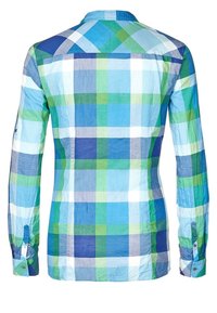Camicia a maniche lunghe a quadri nei toni del blu e del verde con colletto a bottoni, caratterizzata da diversi motivi a quadrati e bottoni ai polsini.