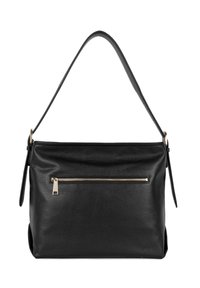 Borsa a mano nera in pelle con una tasca frontale con zip, design a pieghe sul top e lunga tracolla. Presenta una finitura testurizzata e dettagli in oro.