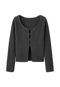 Dunkelgrauer, gerippter Cardigan mit langen Ärmeln, rundem Ausschnitt und fünf Knöpfen vorne. Weiche Textur, figurbetonte Form.