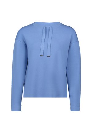 Light blue sweater with long sleeves, ribbed texture, round neckline, and two back ties finished with silver accents.