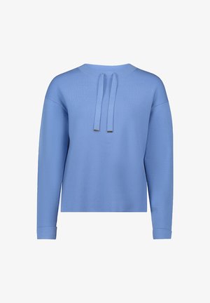 Hellblauer Pullover mit langen Ärmeln, geripptem Material, runder Ausschnitt und zwei Rückenkrawatten mit silbernen Akzenten.
