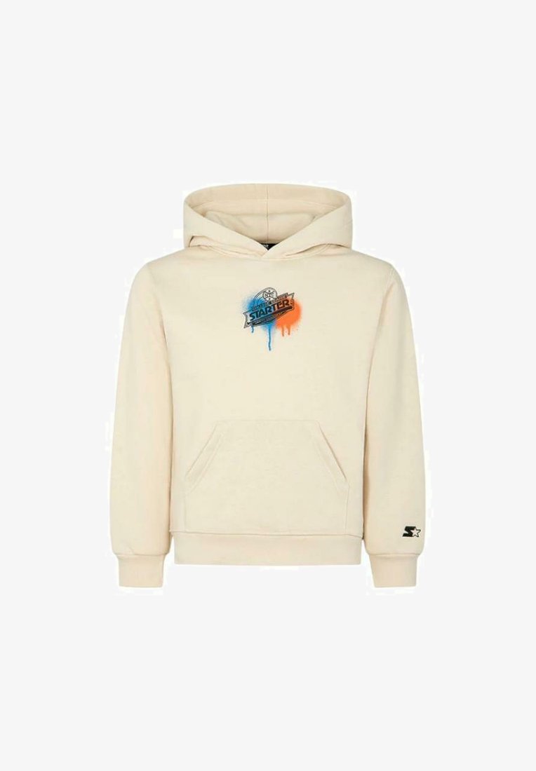 Felpa crema con tasca a marsupio, caratterizzata da un logo "Starter" colorato con gocce blu e arancioni. Composizione in misto cotone, con polsini e orlo a coste.