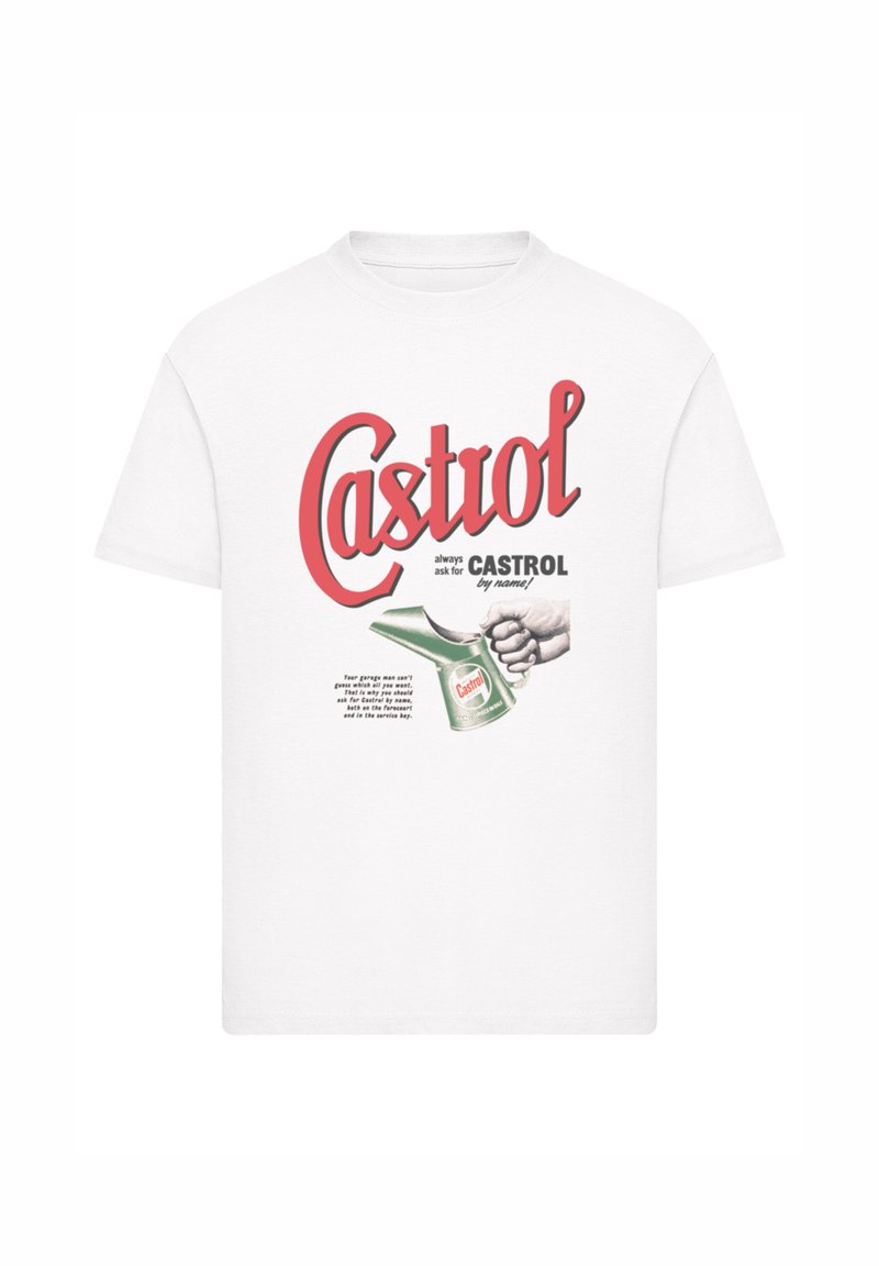 Weißes T-Shirt mit dem Vintage-Castrol-Logo in Rot, einer Hand, die eine grüne Ölkanne hält, und Werbetext, der dazu auffordert, nach Castrol namentlich zu fragen.