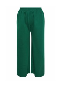 Grüne weite Hose aus weichem Stoff, mit elastischem Bund, gefältelten Details und geradem Schnitt. Einfaches Design ohne Muster.