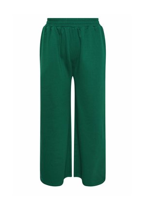 Grüne weite Hose aus weichem Stoff, mit elastischem Bund, gefältelten Details und geradem Schnitt. Einfaches Design ohne Muster.