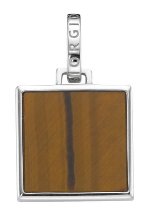Square silver pendant with a polished brown tiger's eye stone and a loop engraved with the letters "GIO".