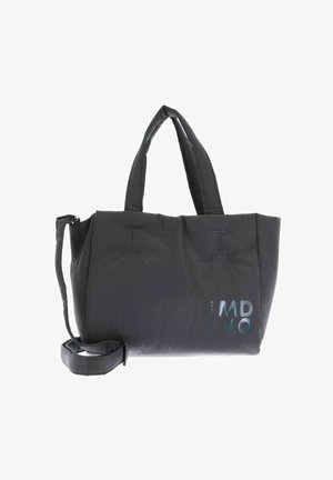 Sac cabas noir rembourré avec poignées doubles, bandoulière amovible et logo réfléchissant "MD 20". Texture lisse avec un design structuré.