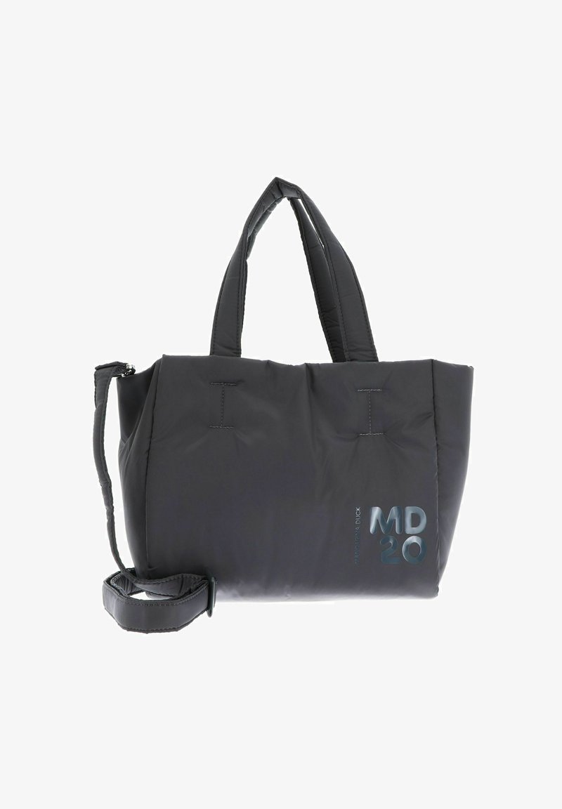 Sac cabas noir rembourré avec poignées doubles, bandoulière amovible et logo réfléchissant "MD 20". Texture lisse avec un design structuré.