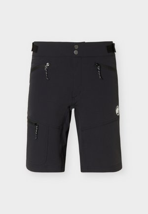Black outdoor shorts with four zippered pockets, adjustable waist tabs, and a small white logo on the right thigh.