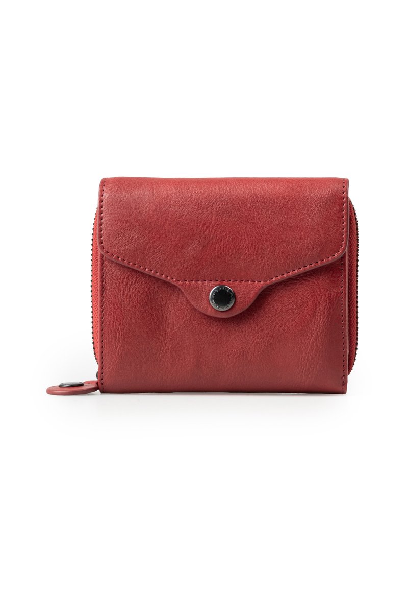 Red leather wallet with a textured finish, featuring a front flap, snap closure, and zippered compartment. Compact rectangular design.