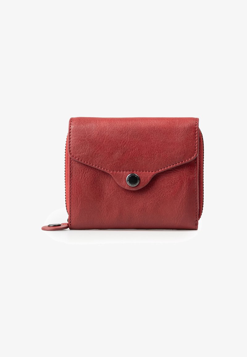 Red leather wallet with a textured finish, featuring a front flap, snap closure, and zippered compartment. Compact rectangular design.