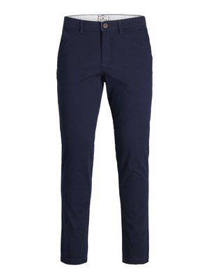 Navy blue cotton trousers with a slim fit, featuring a front button closure and belt loops. Smooth texture, no patterns, clean design.