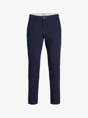 Pantalones de algodón azul marino con corte ajustado, que cuentan con un cierre de botón en la parte frontal y lazos para cinturón. Textura suave, sin patrones, diseño limpio.