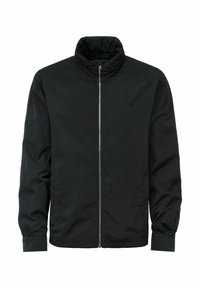 Czarna, lekka kurtka z kołnierzykiem stojącym, z zapięciem na zamek błyskawiczny z przodu, bocznymi kieszeniami oraz subtelnym detalem logo na klatce piersiowej. Gładka tekstura materiału.