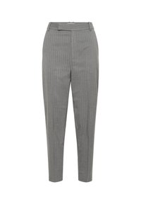 Pantaloni grigi a righe con vestibilità sartoriale, caratterizzati da un'alta vita, gambe dritte e una texture liscia. Le righe hanno un colore contrastante.