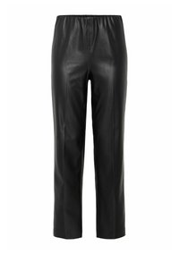 Pantaloni neri in pelle con vita elastica, design a gamba dritta e texture liscia. Nessun motivo o applicazione visibile.