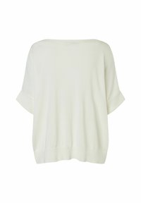 Light cream short-sleeve sweater with a loose fit, ribbed neckline, and subtle texture, designed for comfort and ease of wear.