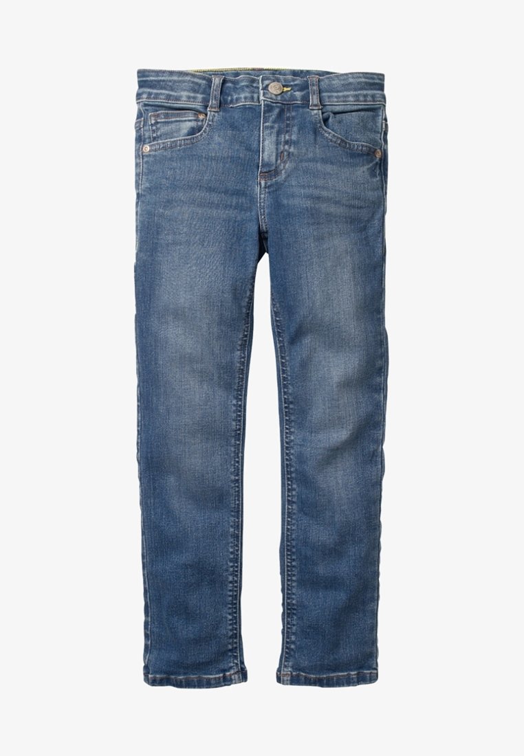 Vaqueros de mezclilla azul con diseño de pierna recta, cinco bolsillos, cierre de botón y acabado lavado descolorido.