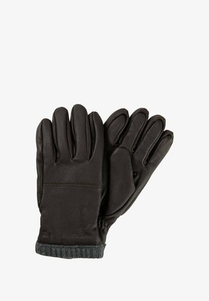 Dark brown leather gloves with ribbed gray fabric cuff, featuring five fingers and seamless construction for a smooth finish.