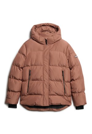 Giacca a vento marrone con cappuccio, caratterizzata da sezioni trapuntate orizzontali, due tasche laterali con zip e polsini in elastico nero. Tessuto morbido.