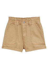 Beige Denim-Shorts mit elastischem Bund, fünf Taschen und umgeschlagenen Säumen. Der Stoff hat eine glatte Textur und robuste Nähte.