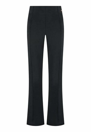 Schwarze, hoch taillierte, figurbetonte Hose mit ausgestellten Beinen und sichtbaren vertikalen Nahtdetails.