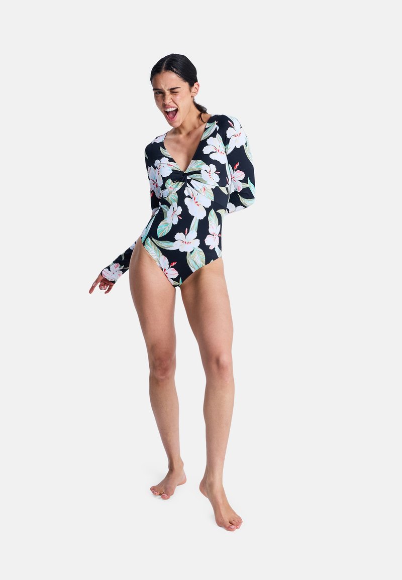 SHAPERIN Badpak voor dames, lange mouwen, badpak met ritssluiting, uv-bescherming, Rash Guard Surf, eendelig badmode, zwart 3#, S