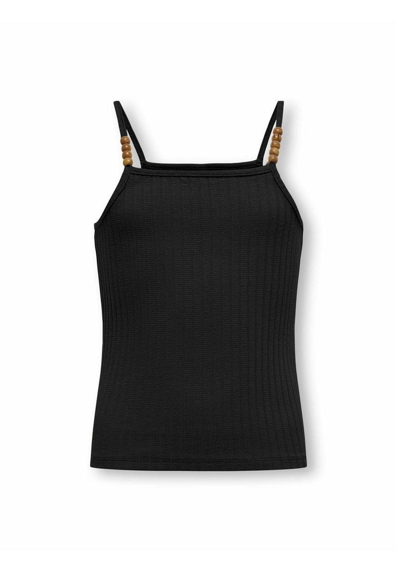 Top nero a costine con spalline sottili decorate con perline di legno. Il tessuto presenta un motivo testurizzato ed è aderente.