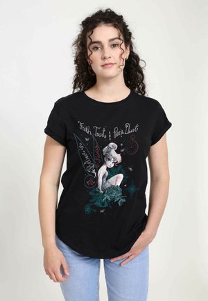 Zwarte katoenen t-shirt met een opvallende afbeelding van een fee omringd door bladeren, met de tekst "Geloof, Vertrouwen en Pixie Dust."