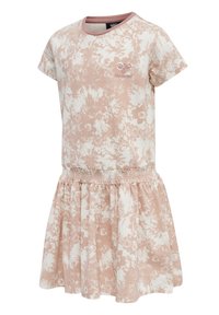 Rosa blommig klänning i mjuk bomull. Korta ärmar, rund halsringning och elastisk midja. Plisserad kjol med ett vitt blommönster.