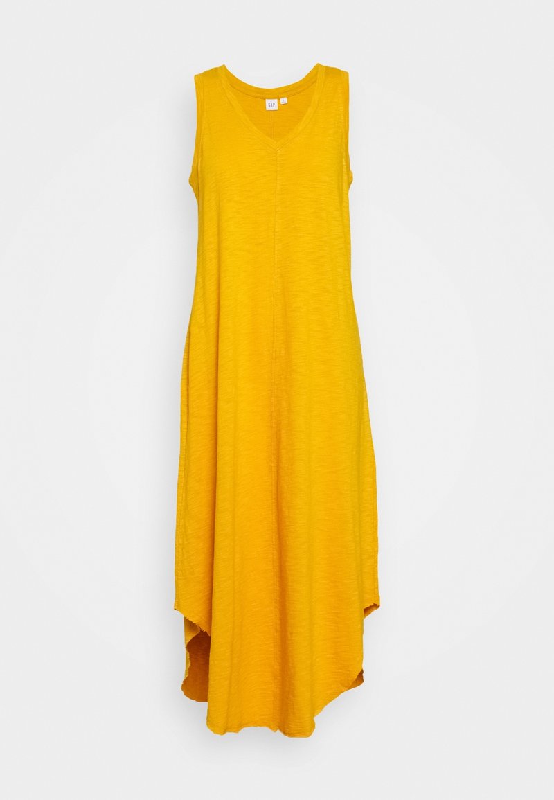 Robe jaune sans manches avec col en V et ourlet asymétrique, en tissu texturé.