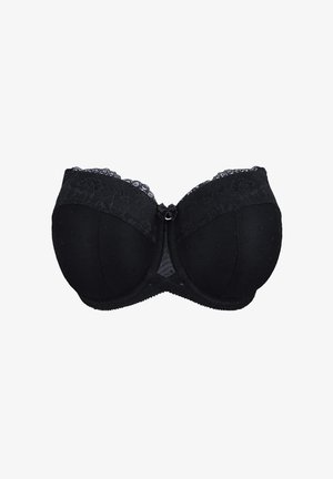 Black padded bra with lace trim on top edges and a small decorative bow in the center front.