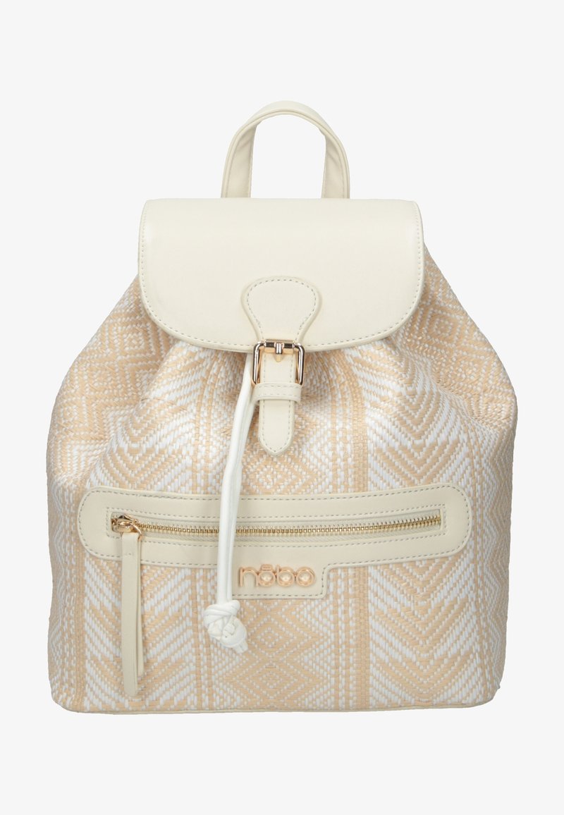 Kermanvärinen reppu, jossa on beige värinen kudottu geometrinen kuvio. Siinä on yläluukku, metalliset koristeet ja etutaskussa vetoketju.