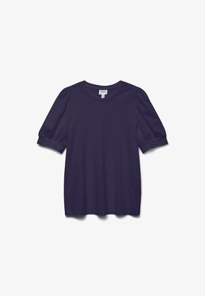 Marineblaues Kurzarm-Top mit rundem Halsausschnitt, leicht aufgepufften Ärmeln und glattem, elastischem Stoff. Ohne sichtbare Muster.