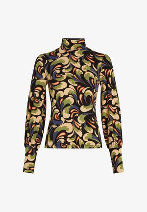 Ce haut à manches longues présente un col montant, des motifs tourbillonnants multicolores sur un fond noir, fabriqué dans un tissu lisse avec une coupe ajustée.