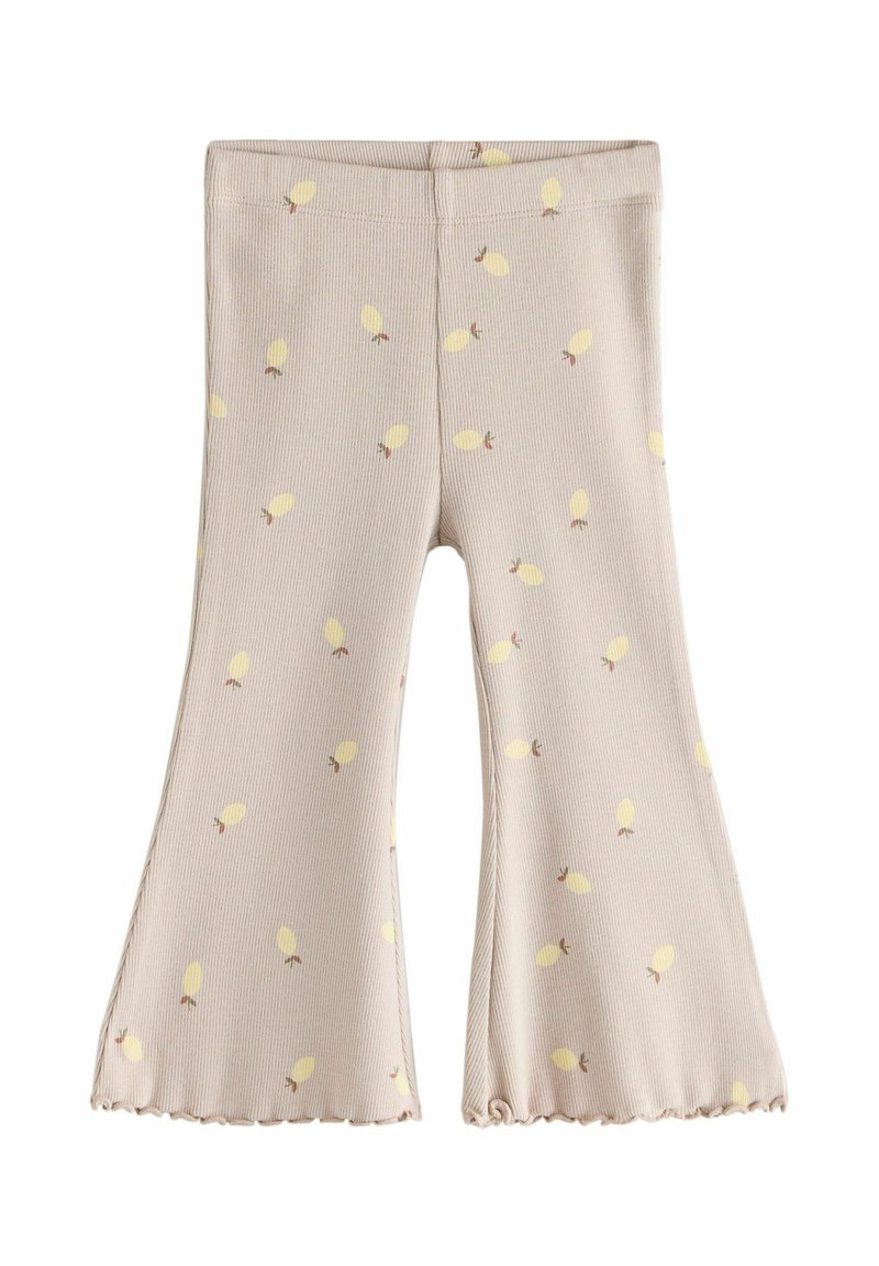 Colanți bej cu dungi, tiv evazat, decorați cu modele galbene de frunze și textură moale. Talie elastică pentru confort.