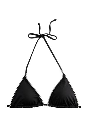Sort trekantet bikini-top med hvid bølgetkant og halterneck-binding på ens hvid baggrund.