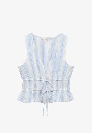 Blouse sans manches à rayures verticales bleu et blanc, col en V, taille cintrée avec cordons à nouer, et ourlet légèrement volanté.