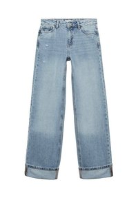Jean en denim bleu clair avec une coupe évasée, présentant une taille haute, des détails décontractés et déchirés, ainsi que des ourlets retroussés. Design standard à cinq poches.